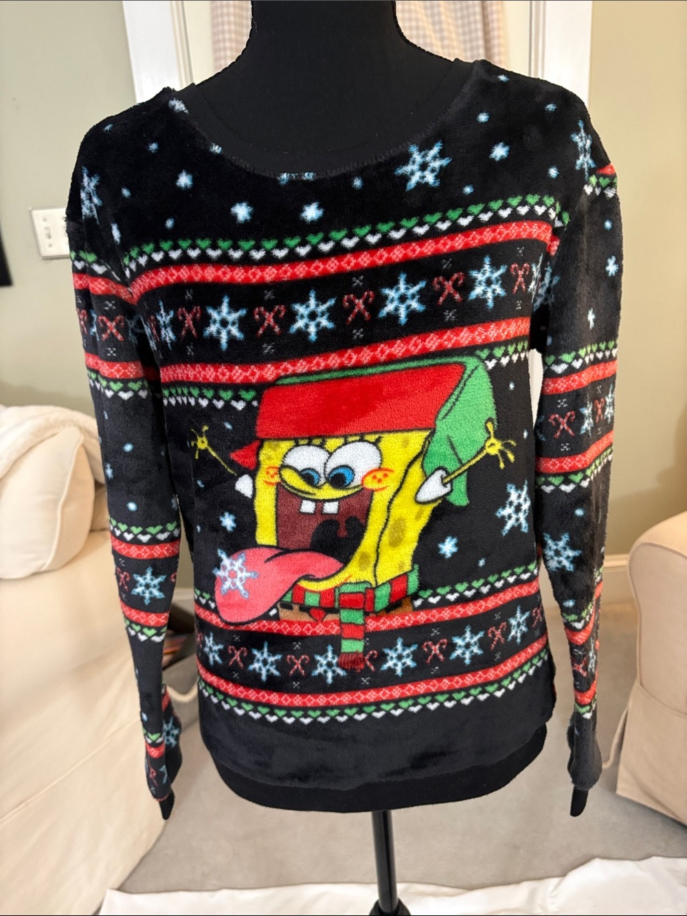 SpongeBob Squarepants Black Holiday Crewneck Sweater with Red and Green Accents